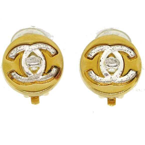 CHANEL CC Turnlock Motif Earrings Gold Silver Clip-On Vintage 97A AK38220k - Picture 1 of 4